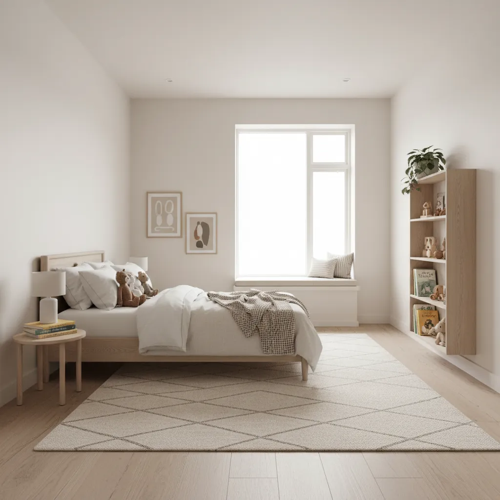 neutral kids bedroom with timeless furniture and soft colors