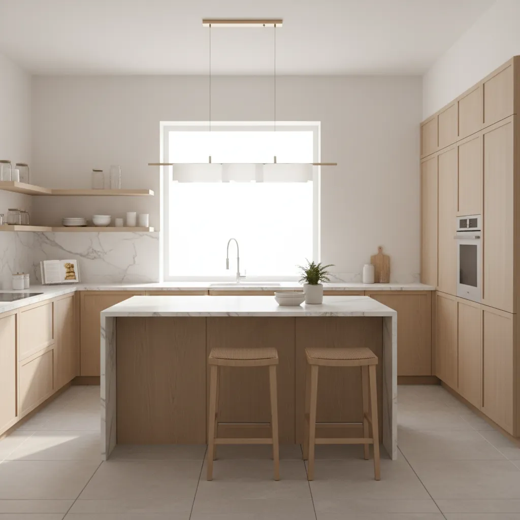 bright kitchen with soft white wall color and natural wood accents