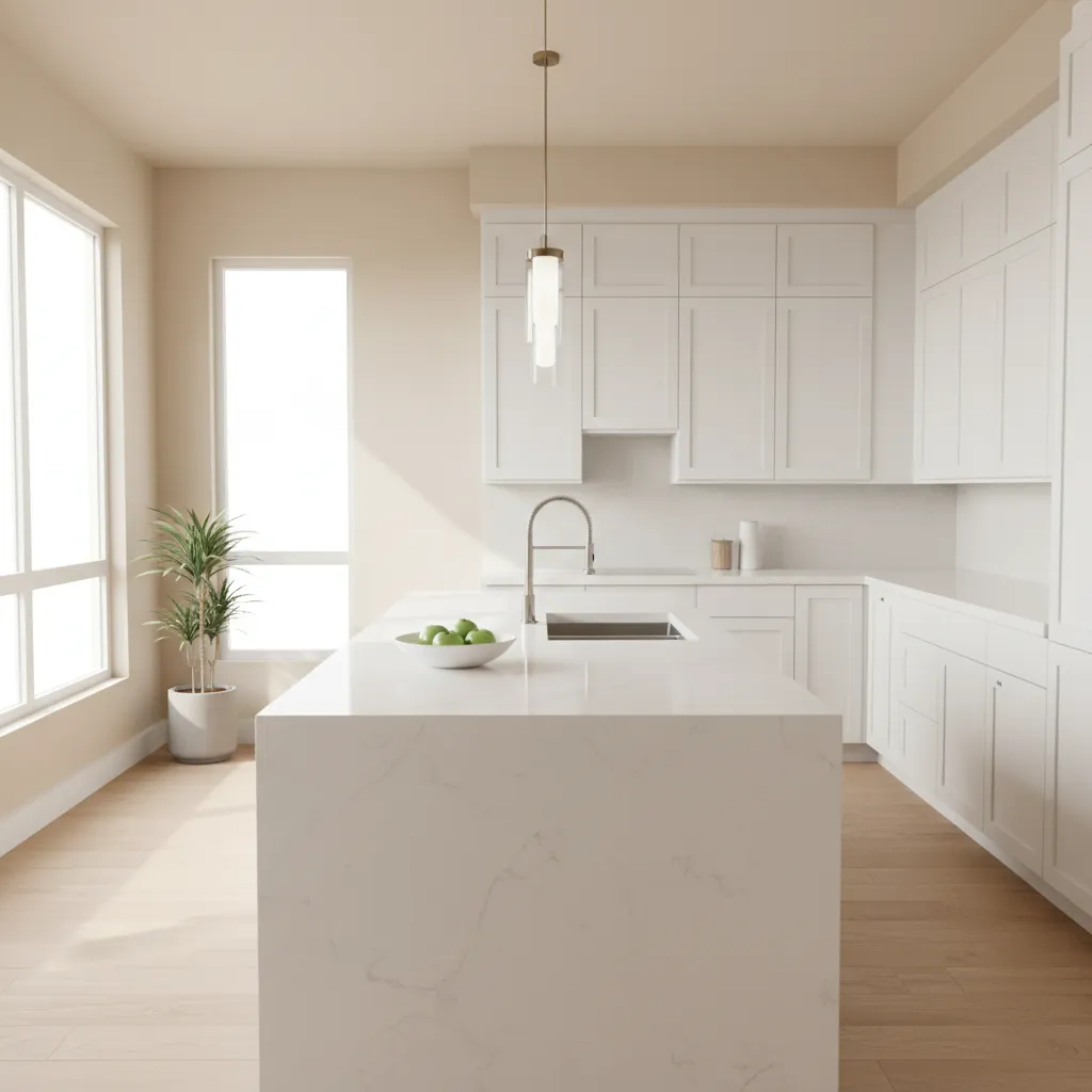 modern kitchen with warm neutral wall color and white cabinets