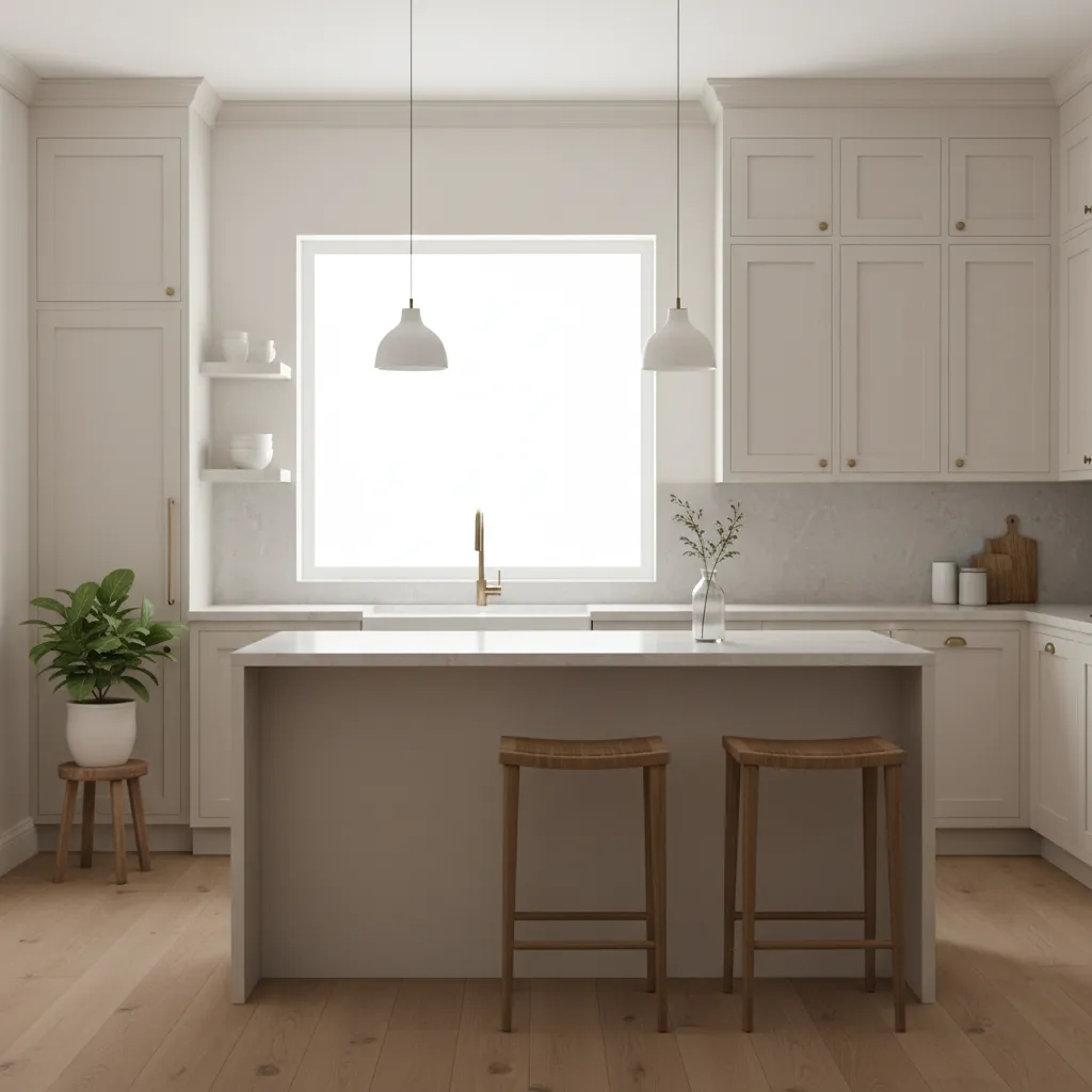 Bright kitchen with warm white walls and modern cabinets