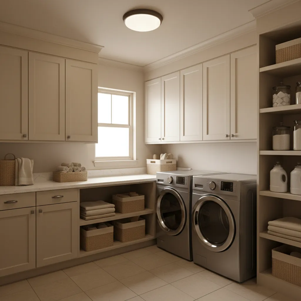 Bright modern laundry room with neutral wall colors and storage cabinets