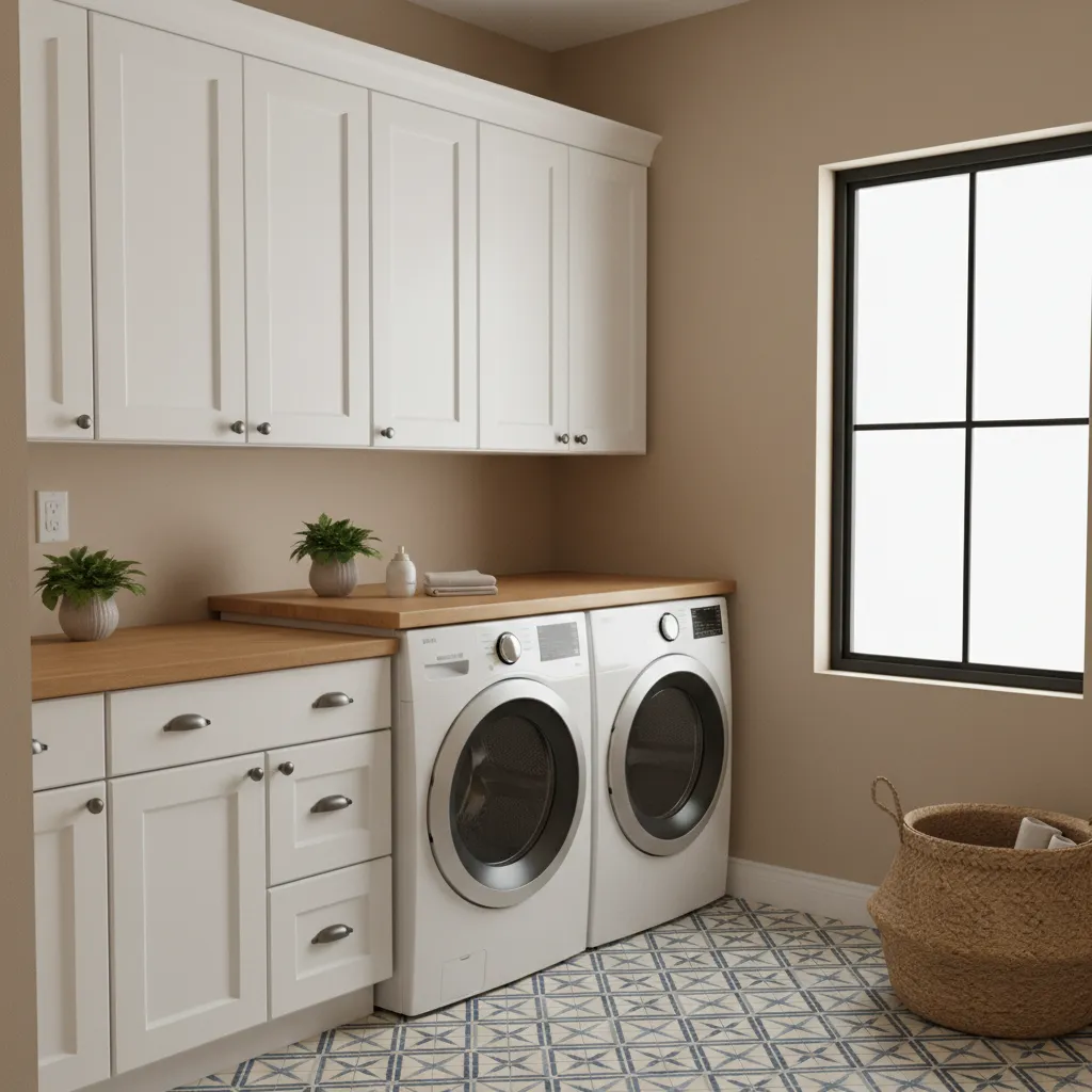 Neutral laundry room with white cabinets wooden countertop washing machines patterned floor tiles and window