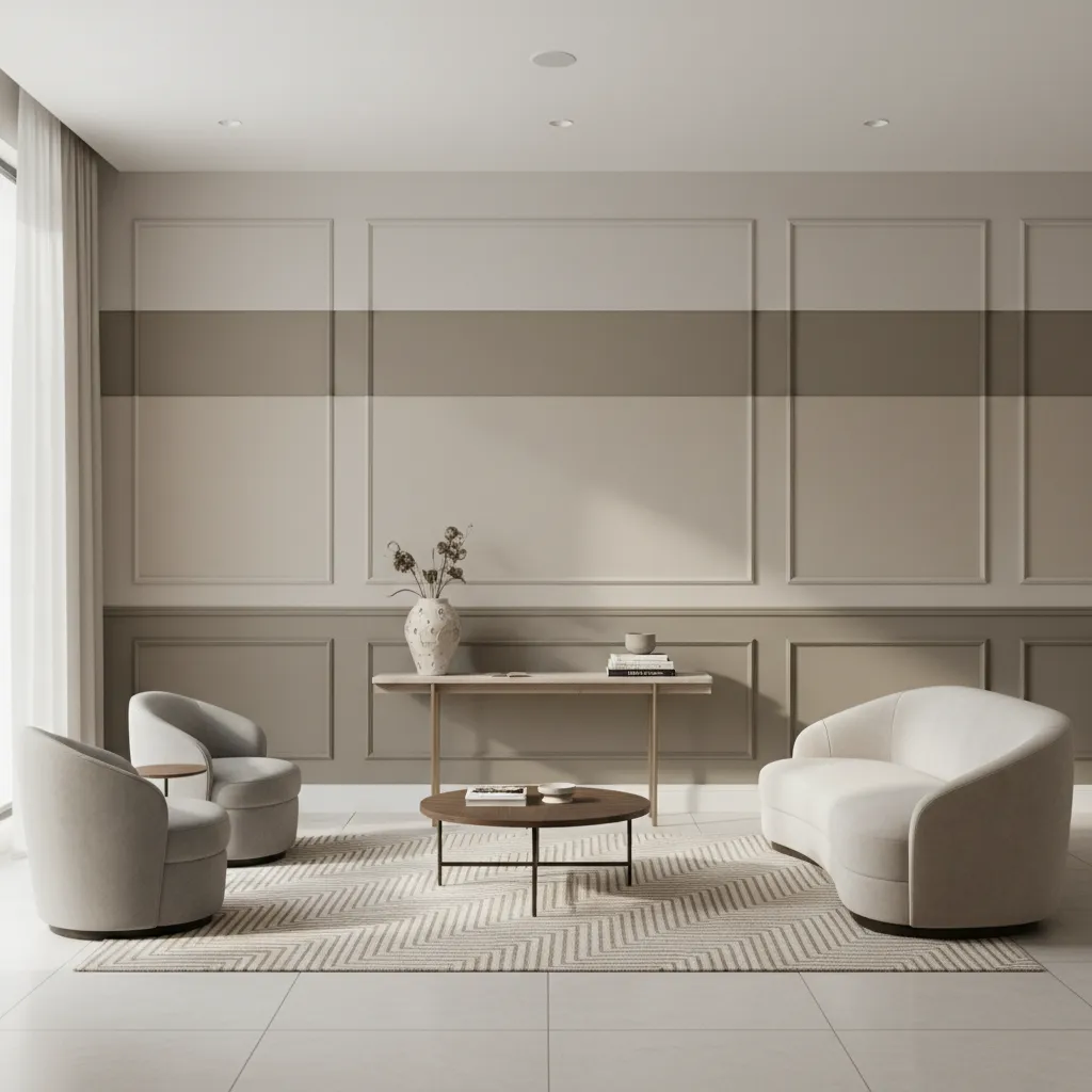 Lobby with layered neutral paint colors and decorative trim