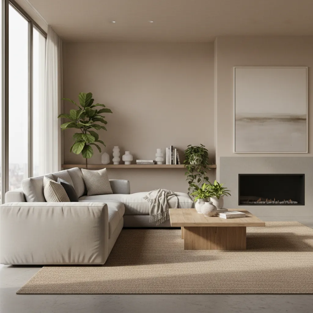Living hall with neutral wall colors and balanced furniture palette