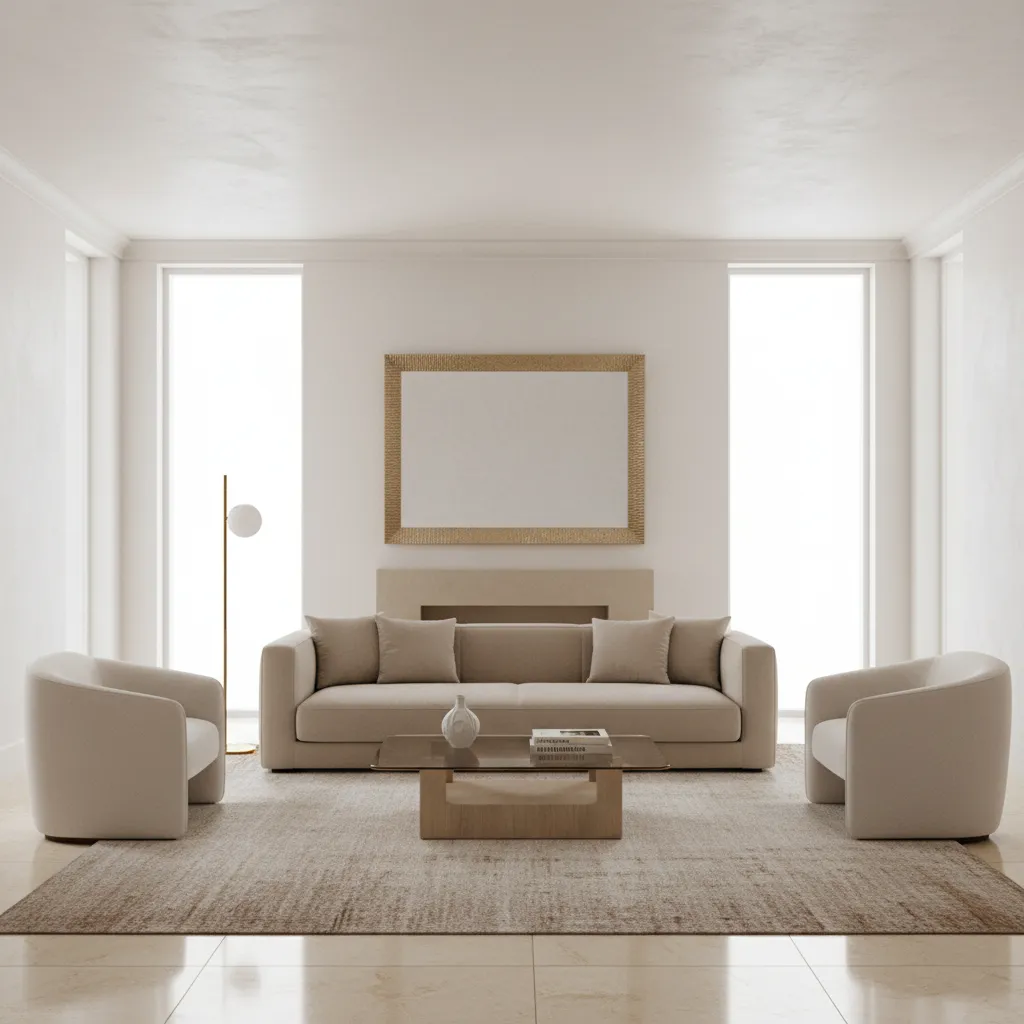 Neutral living room with beige sofa white walls and subtle gold accents