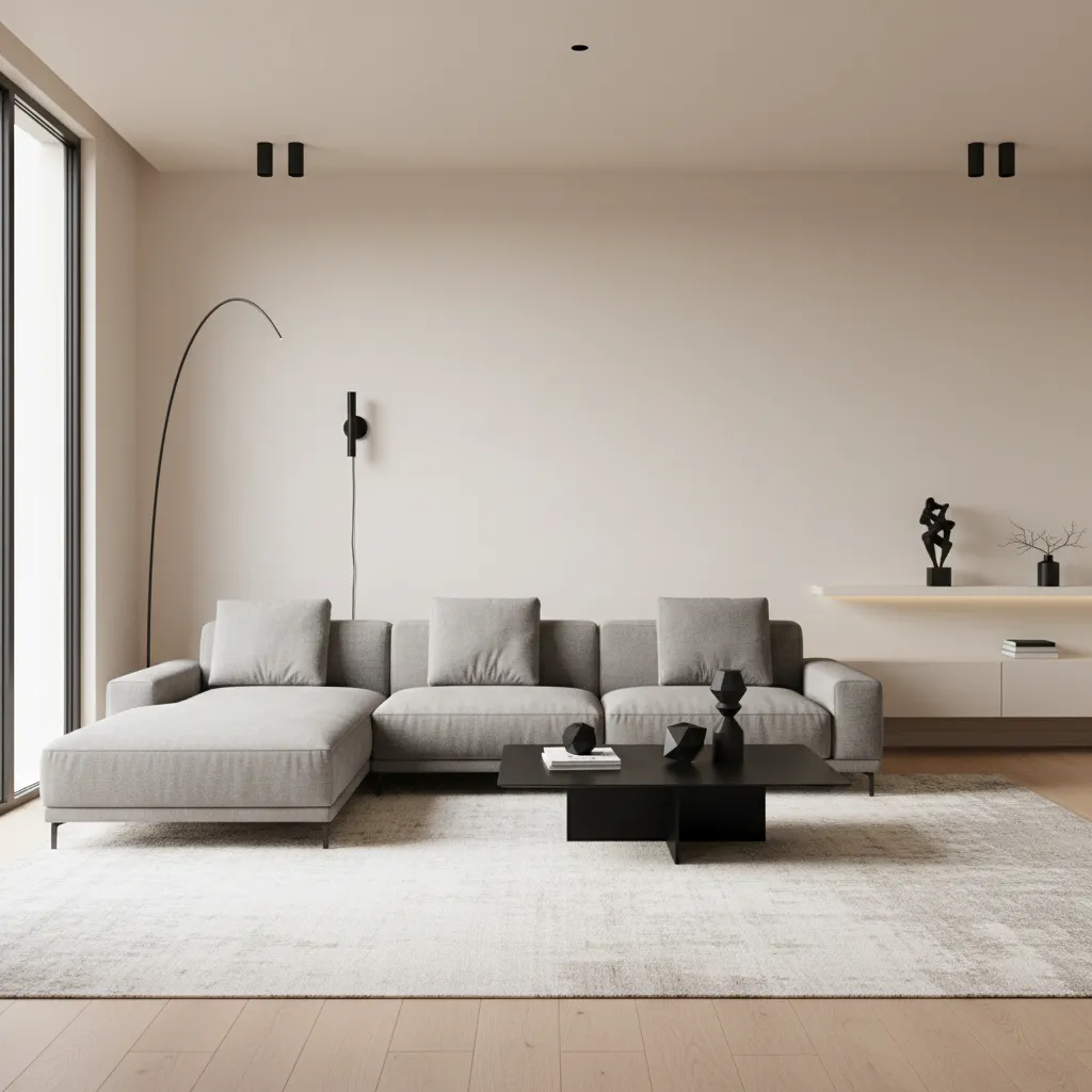 Contemporary living room with grey sofa, cream walls and black accent decor