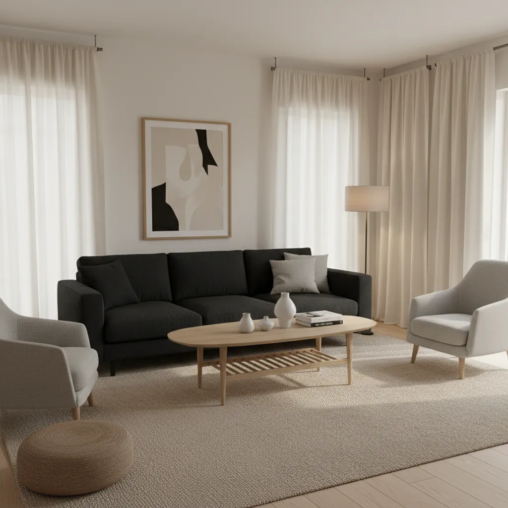 neutral living room design featuring black sofa beige rug and wood furniture