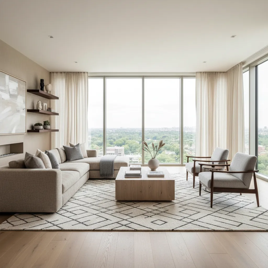 Salón con paleta neutra equilibrada en beige y gris