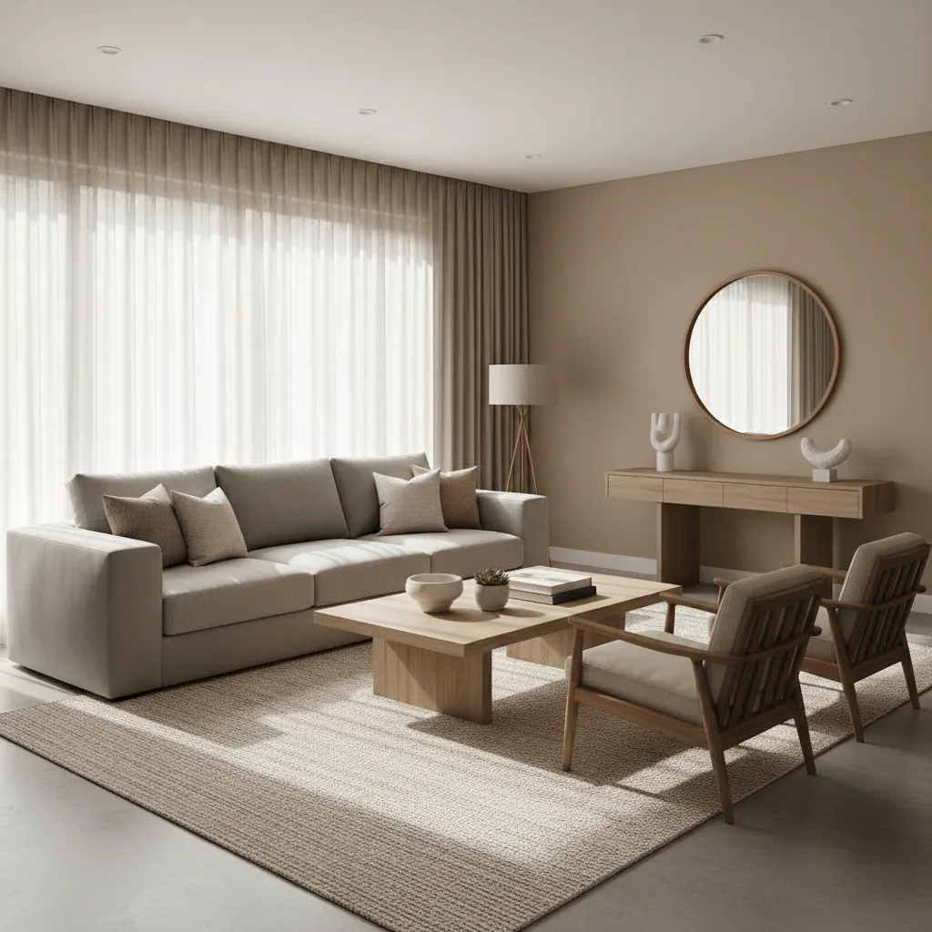 Neutral color palette living room with beige walls sofa and accent cushions