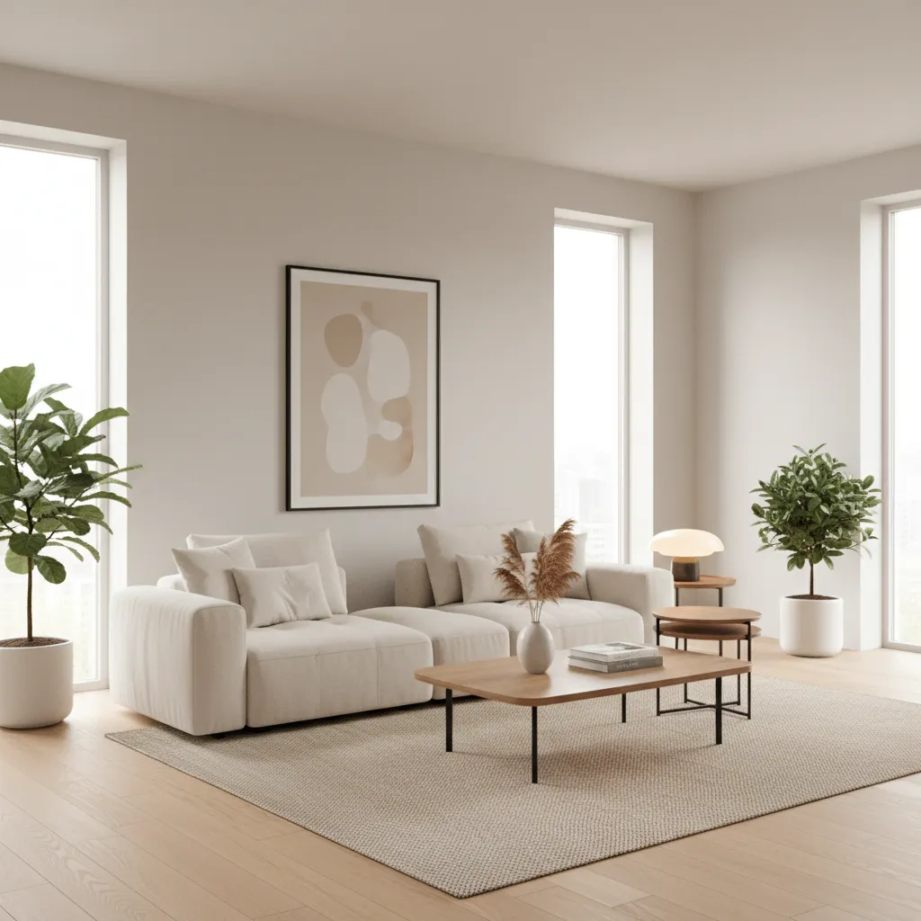 Living room with warm white and greige wall colour combination and modern sofa