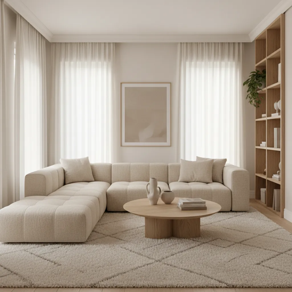 Neutral living room with layered beige tones and textured fabrics