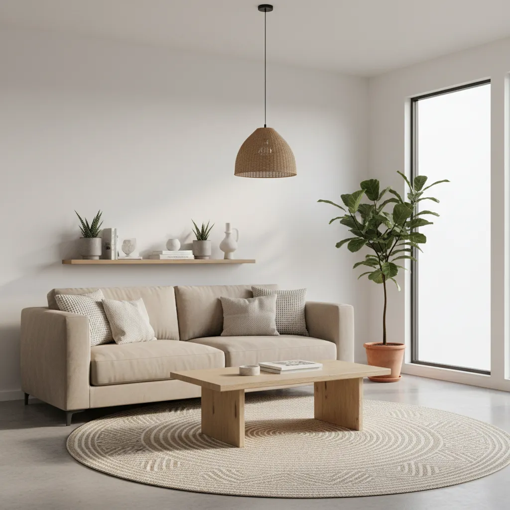 minimal living room with neutral colour palette and natural textures