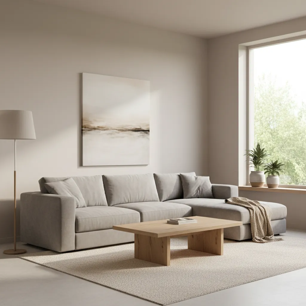 modern living room with layered neutral colour palette and soft daylight