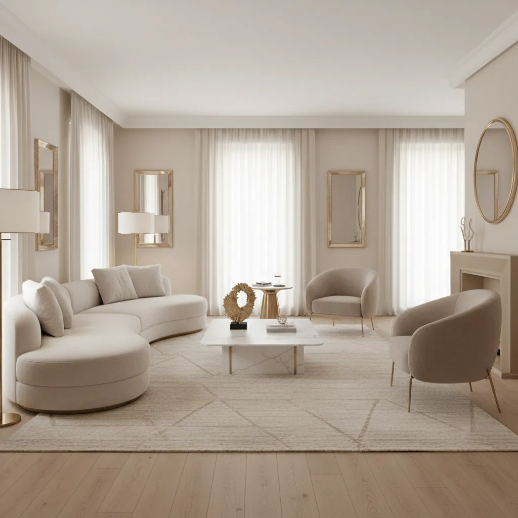 Well balanced beige white gold living room layout with sofa coffee table and rug proportions
