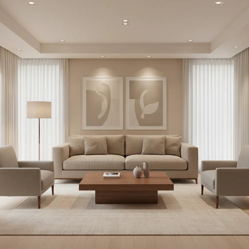 Balanced nude living room furniture layout with sofa and chairs around coffee table