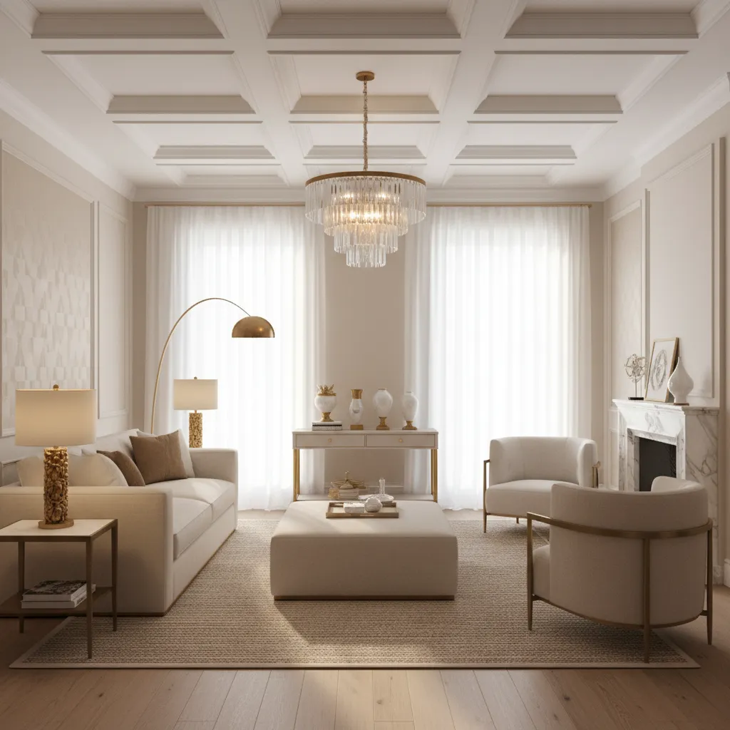 Beige white and gold living room with layered lighting showing chandelier and lamps