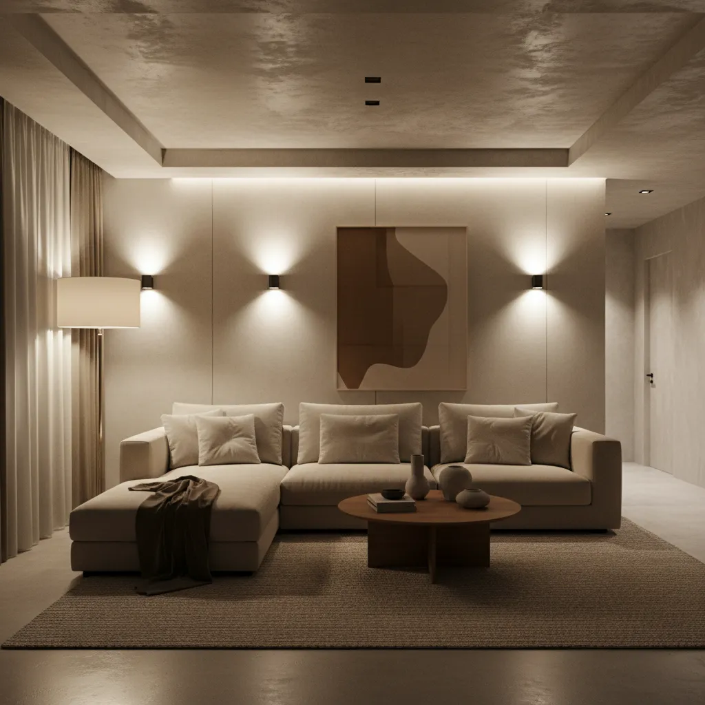 nude living room with layered lighting floor lamp wall light and ceiling lighting