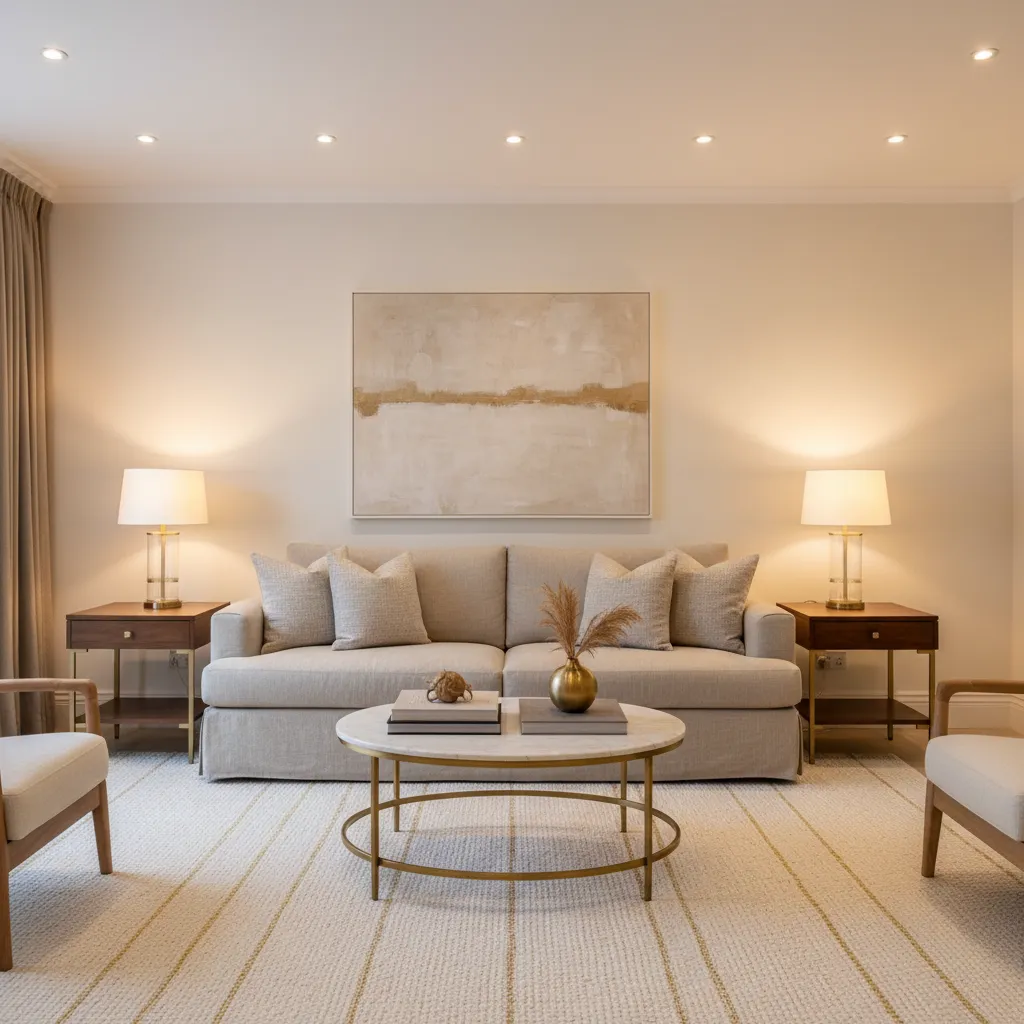 Beige white gold living room with layered lighting from lamps and ceiling fixtures