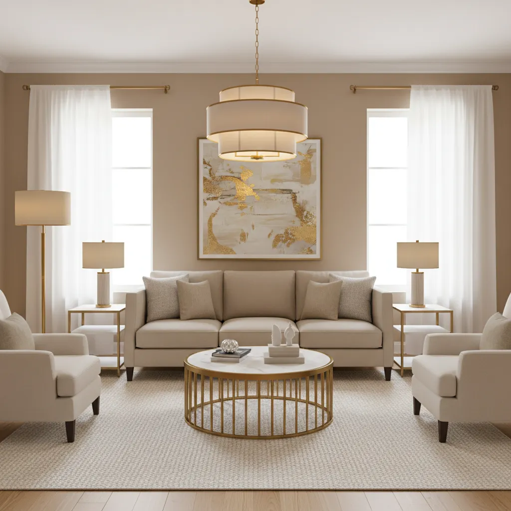 Neutral living room showing balanced lighting placement with chandelier and lamps
