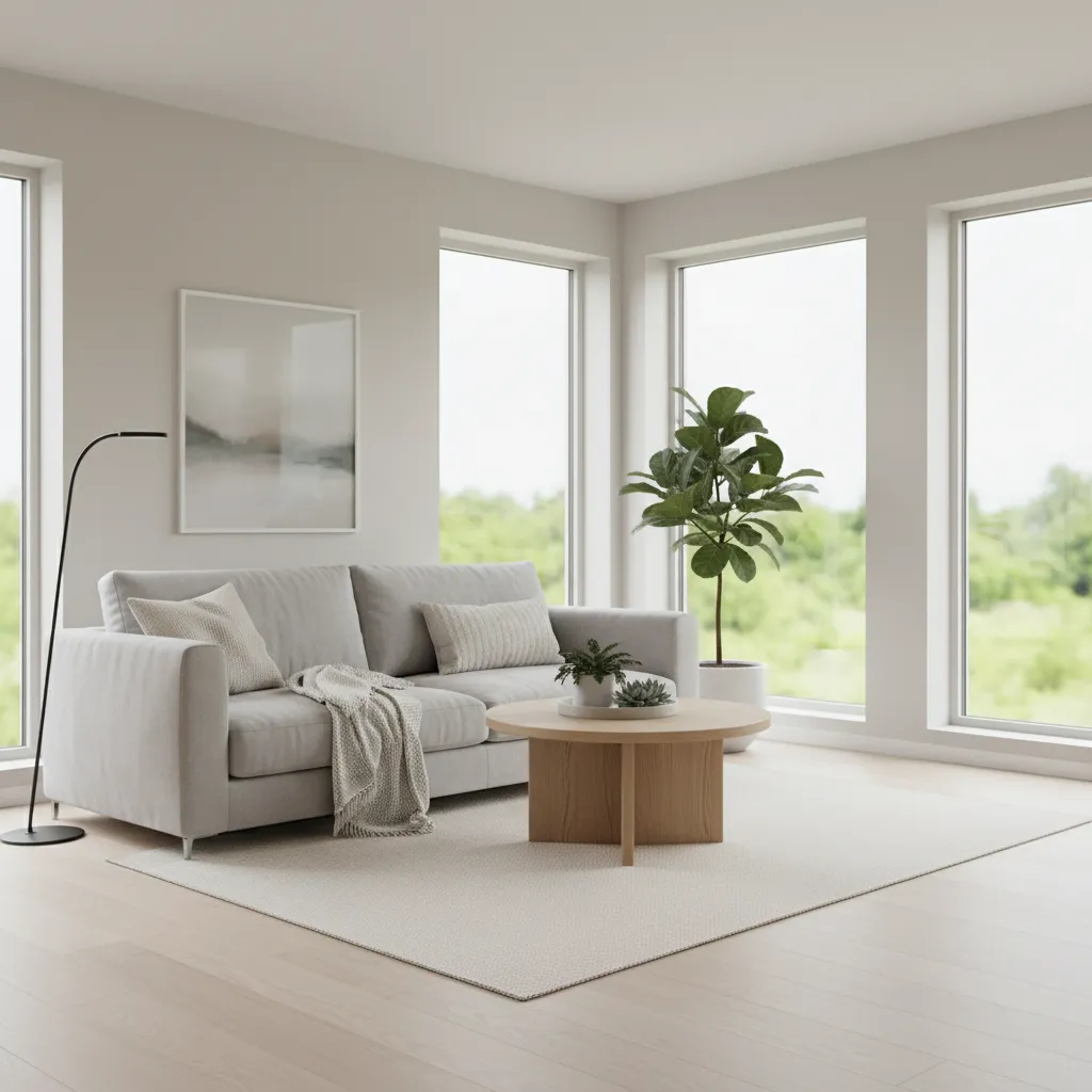 Bright living room with soft neutral paint and natural lighting