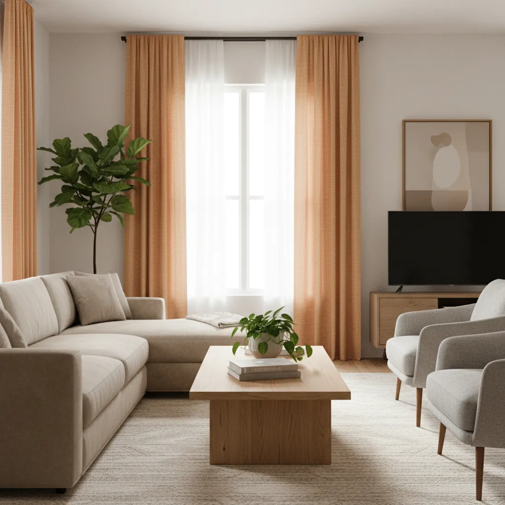 Neutral living room with orange curtains, beige sofa and natural wood furniture