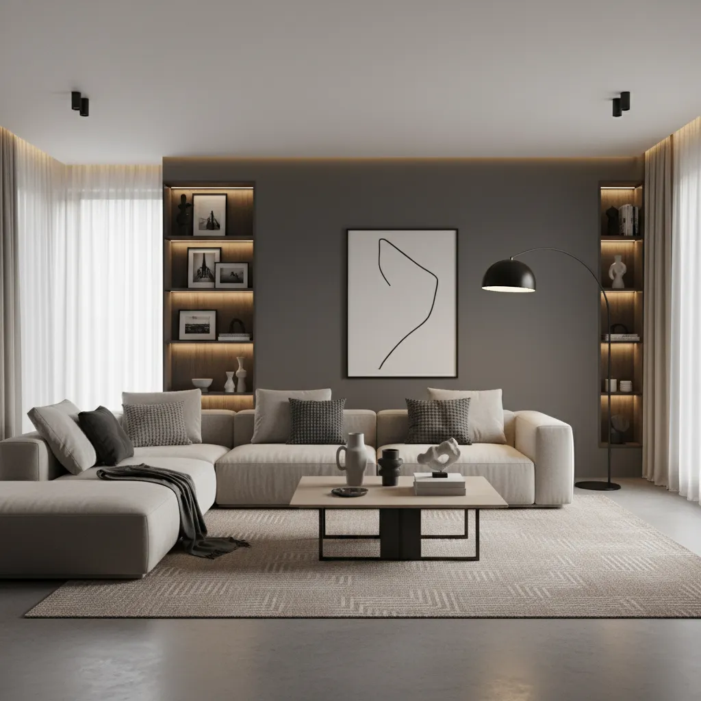 styled black grey cream living room with warm lighting and textured decor