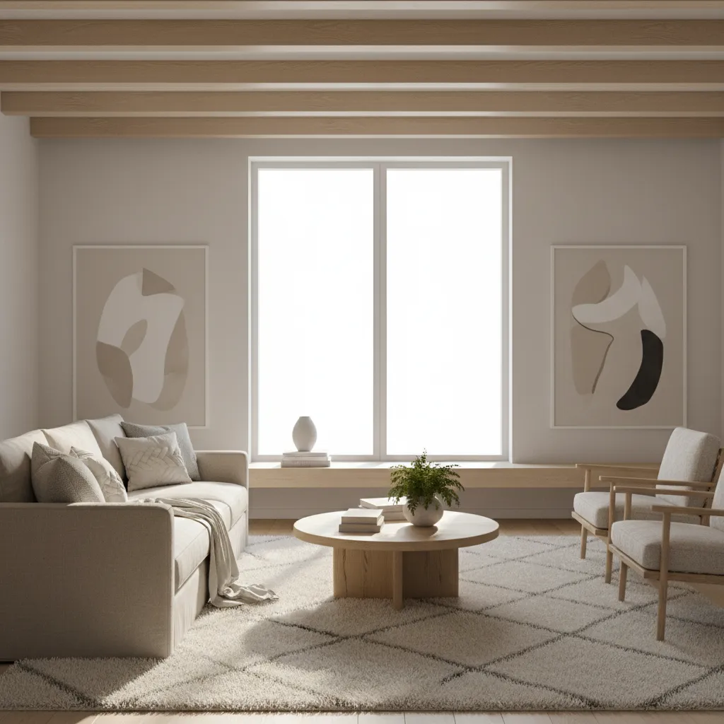 Neutral living room showing layered materials including wool rug linen sofa and wood table