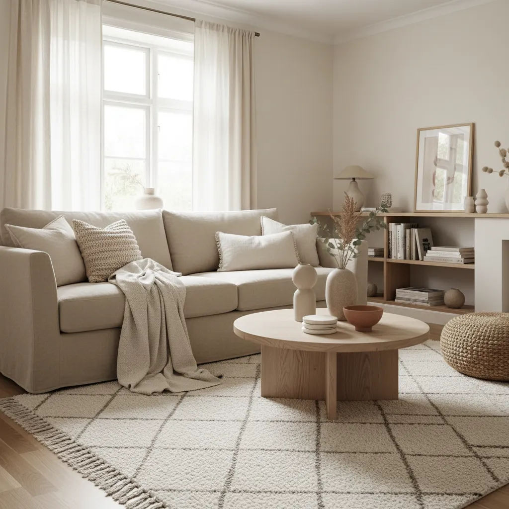 Salón neutro con sofá beige, alfombra de lana y mesa de madera natural