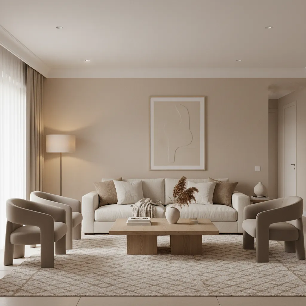 Neutral living room showing layered beige, taupe, and cream tones with textured furniture