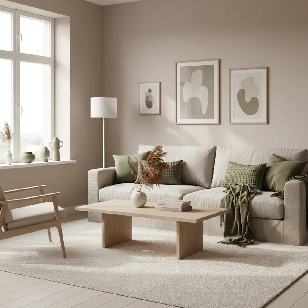 Neutral living room with soft beige walls and olive green accents