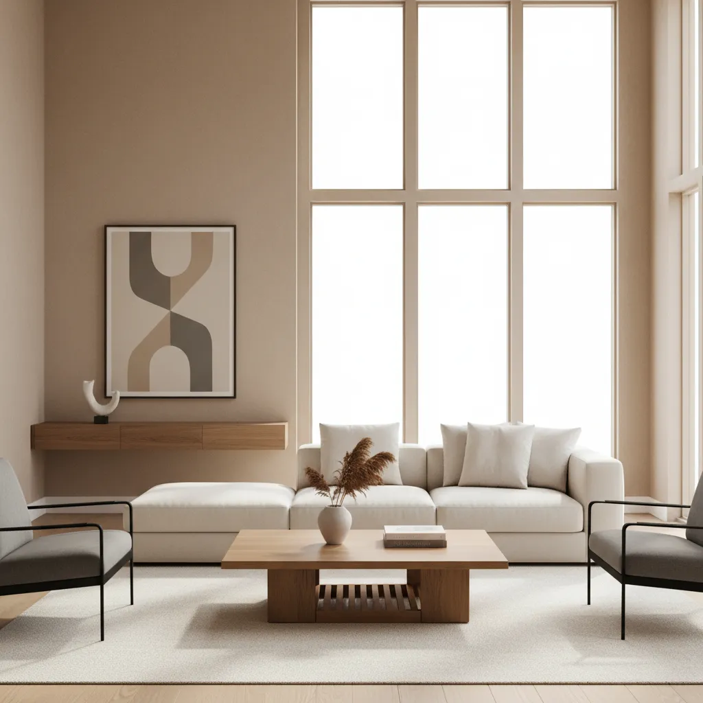 living room interior with warm neutral wall color and modern furniture