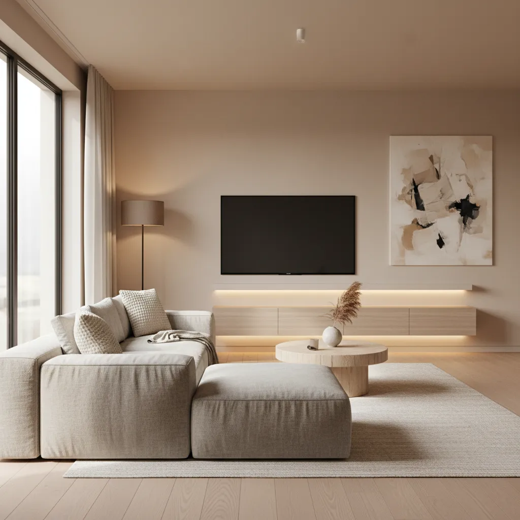 Minimalist living room featuring cream walls, modular sofa, footrest, round wood table, and wall television