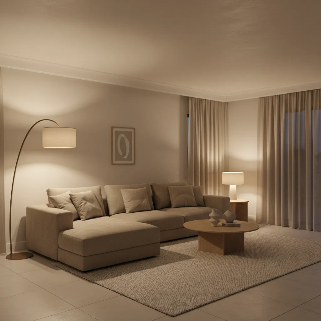 Neutral living room with warm layered lighting and beige sofa