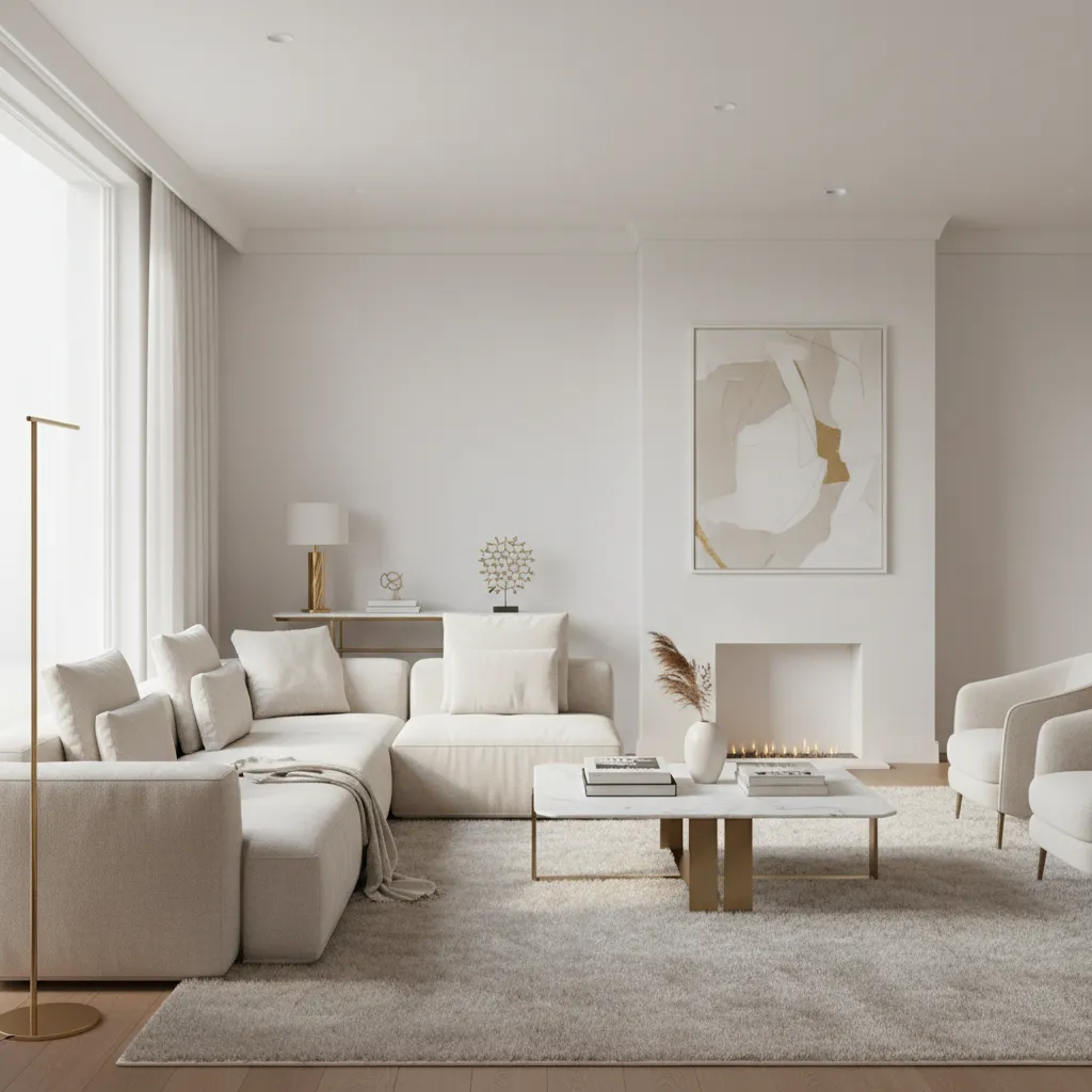 Neutral luxury living room with beige sofa white walls and subtle gold decor accents