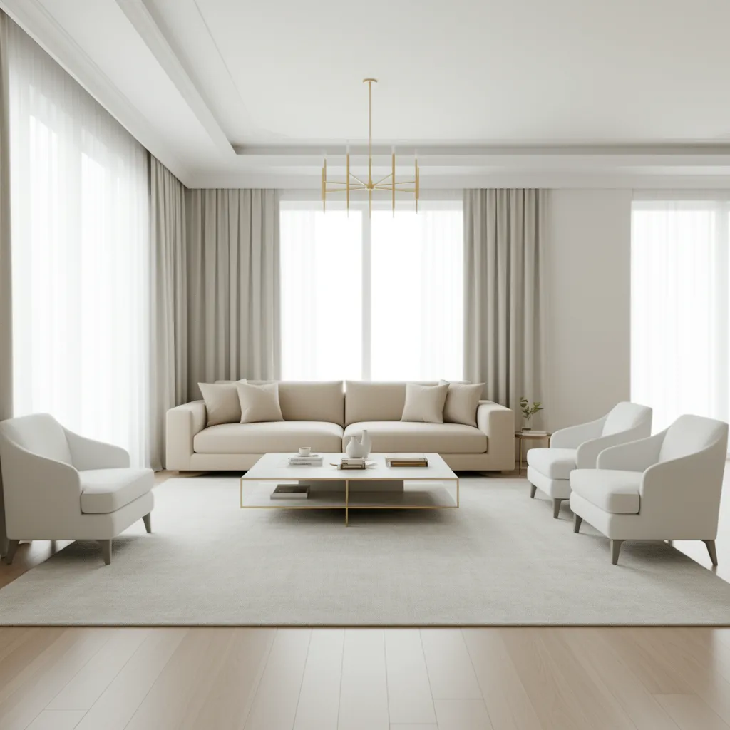 Neutral luxury living room seating layout with beige sofa and white chairs