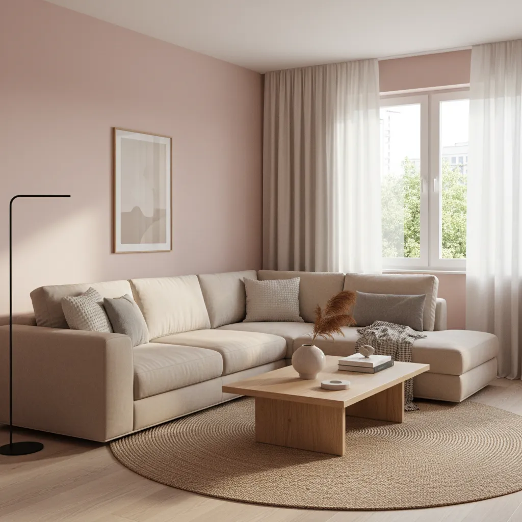 Pink wall interior balanced with neutral furniture wood and linen textures