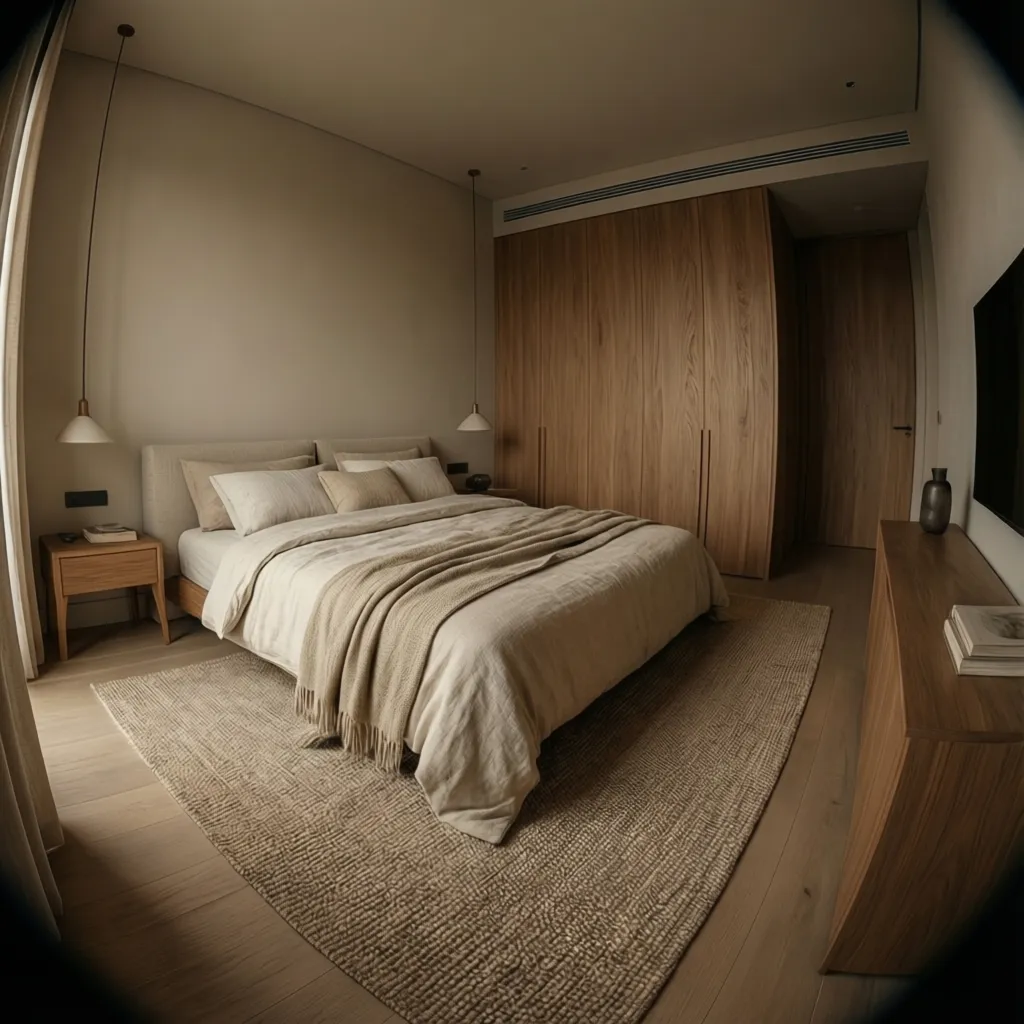Minimalist neutral bedroom with beige tones and textured fabrics
