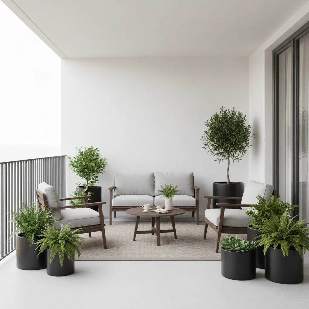 Modern balcony with neutral gray white palette and minimalist outdoor furniture