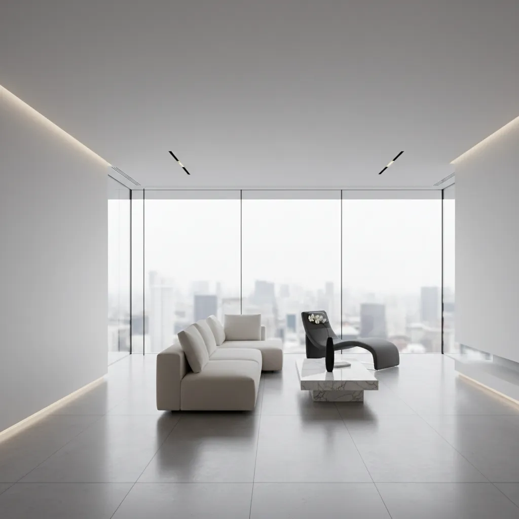 Interior contemporáneo con paleta neutra blanco y gris