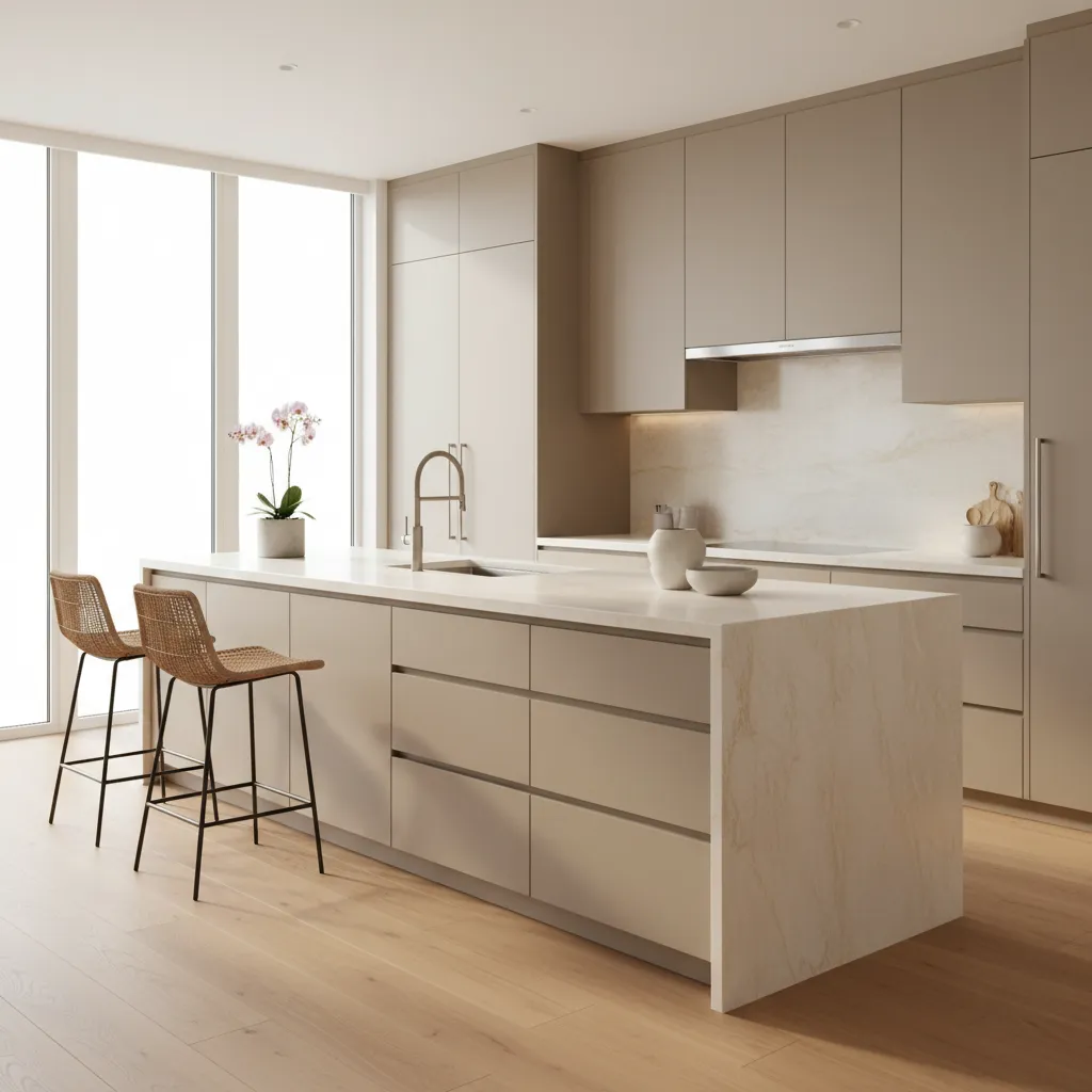 Cocina moderna con muebles beige y encimera de piedra clara
