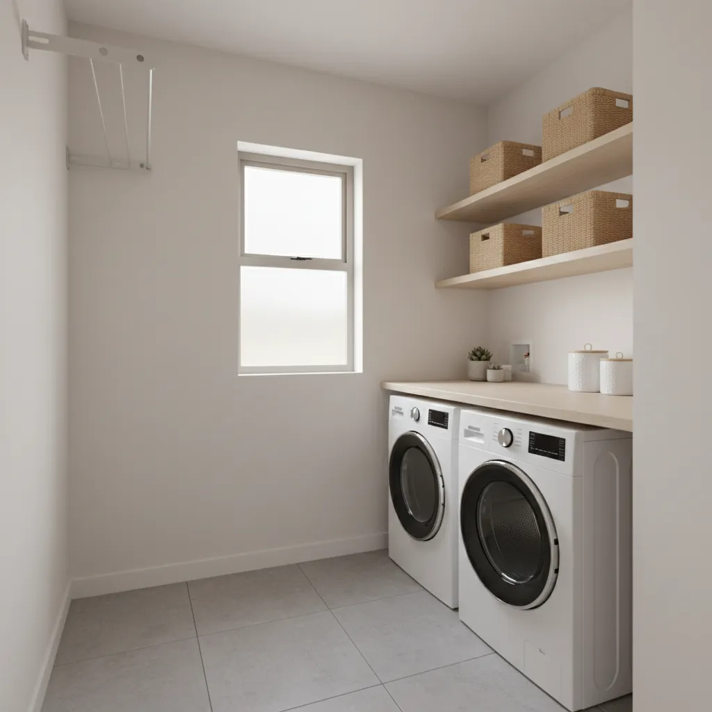 Neutral laundry room with white walls, two washing machines under wood counter, and open shelves.