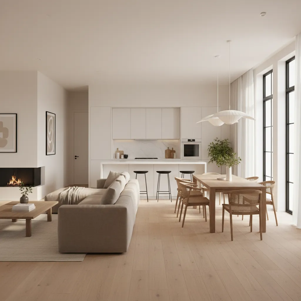 Open living room and kitchen with cohesive warm neutral wall color