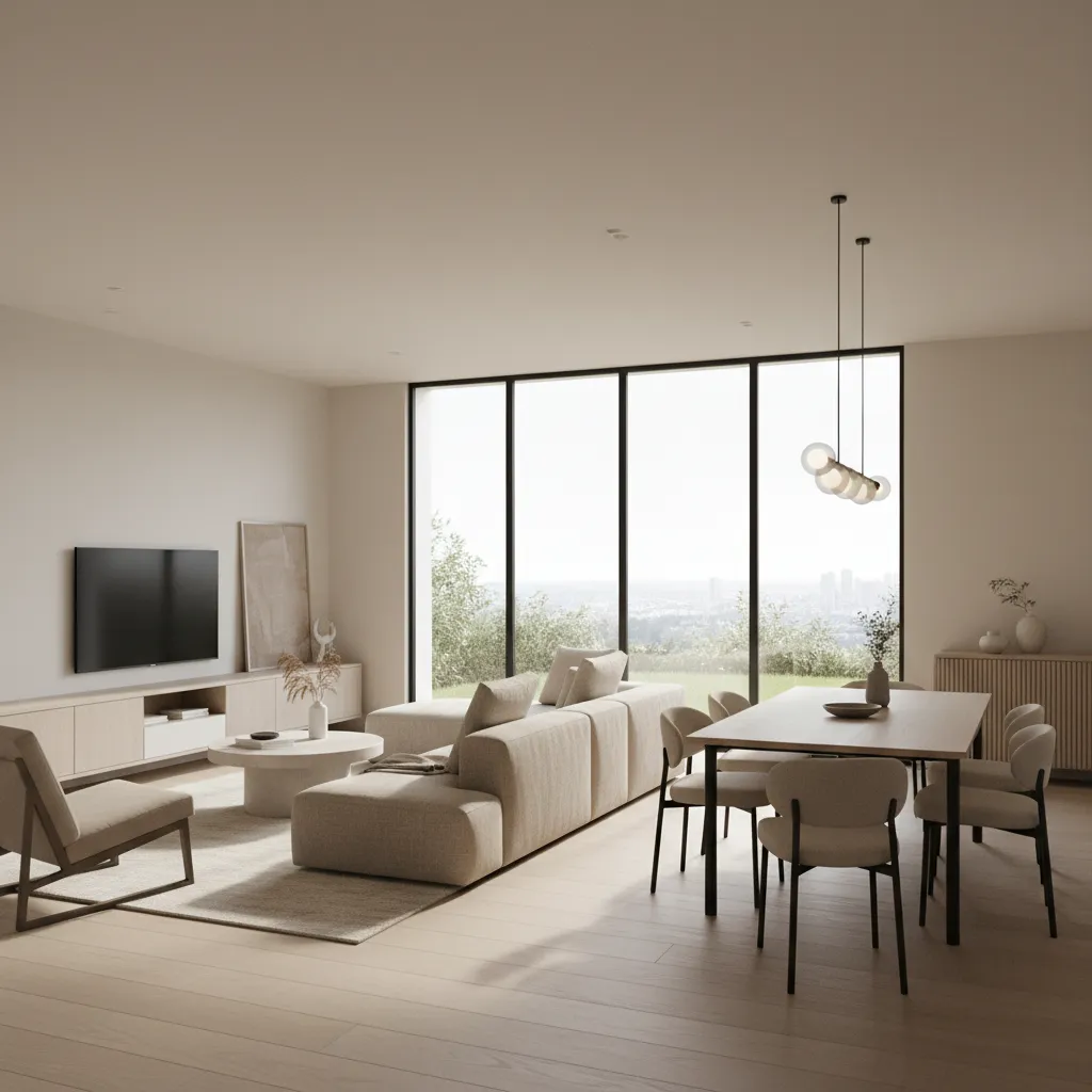 Espacio abierto de salón y comedor con paleta neutra y luz natural