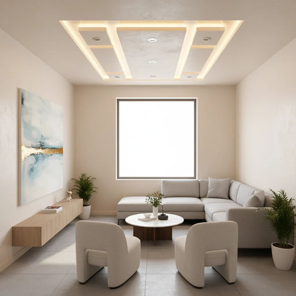 Small living room with light neutral POP ceiling and recessed lighting