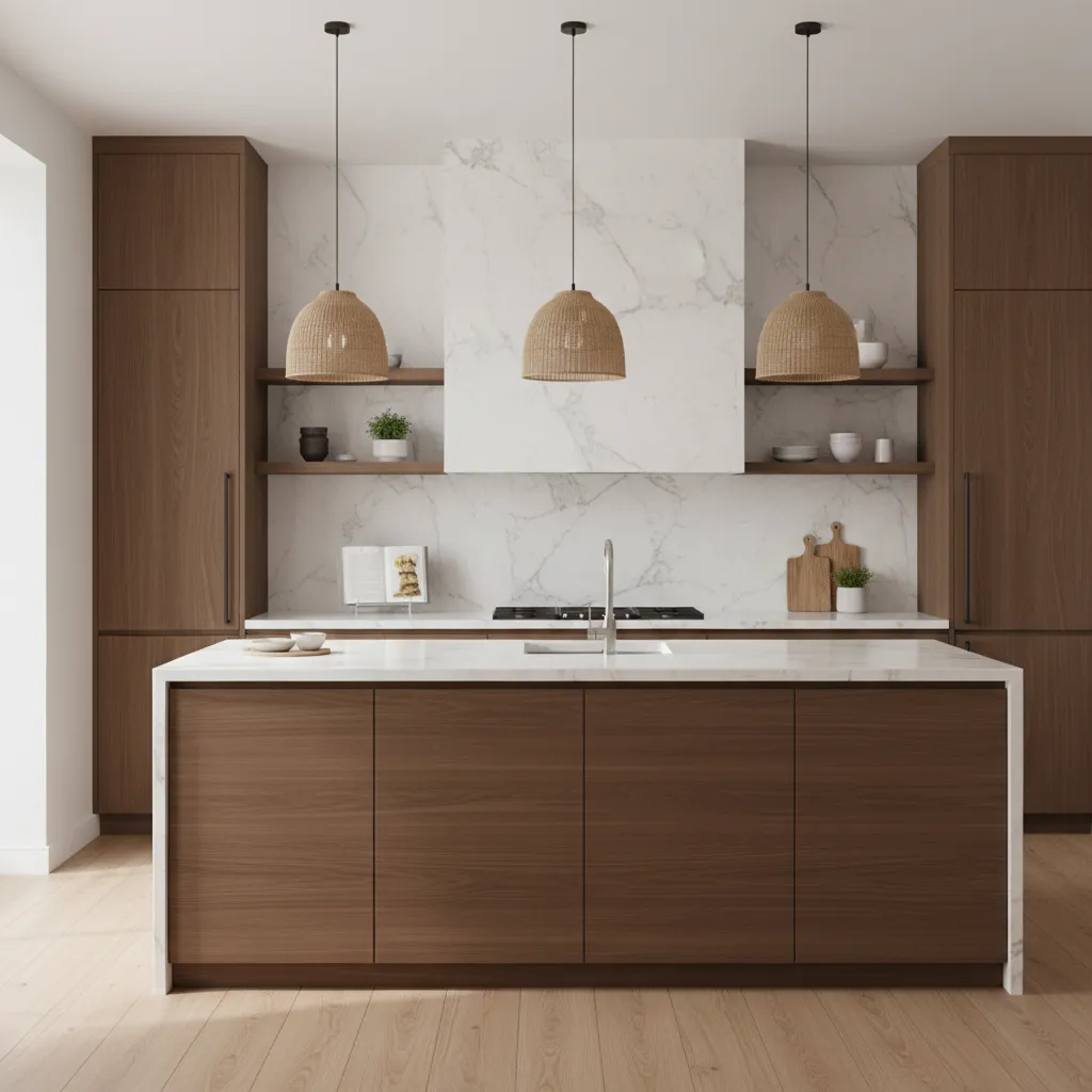 neutral quartz countertop paired with walnut brown kitchen cabinets