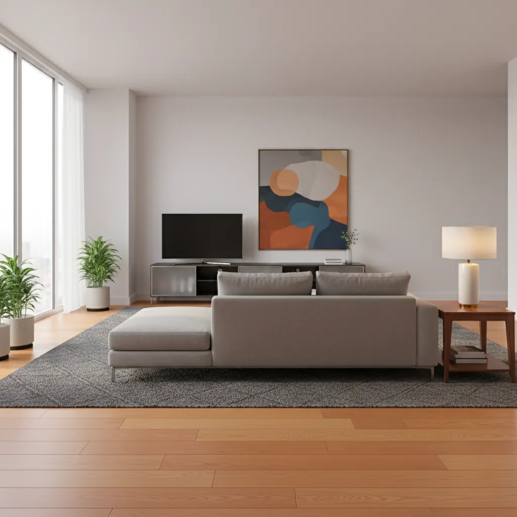 large gray area rug reducing orange tone of hardwood floor in living room