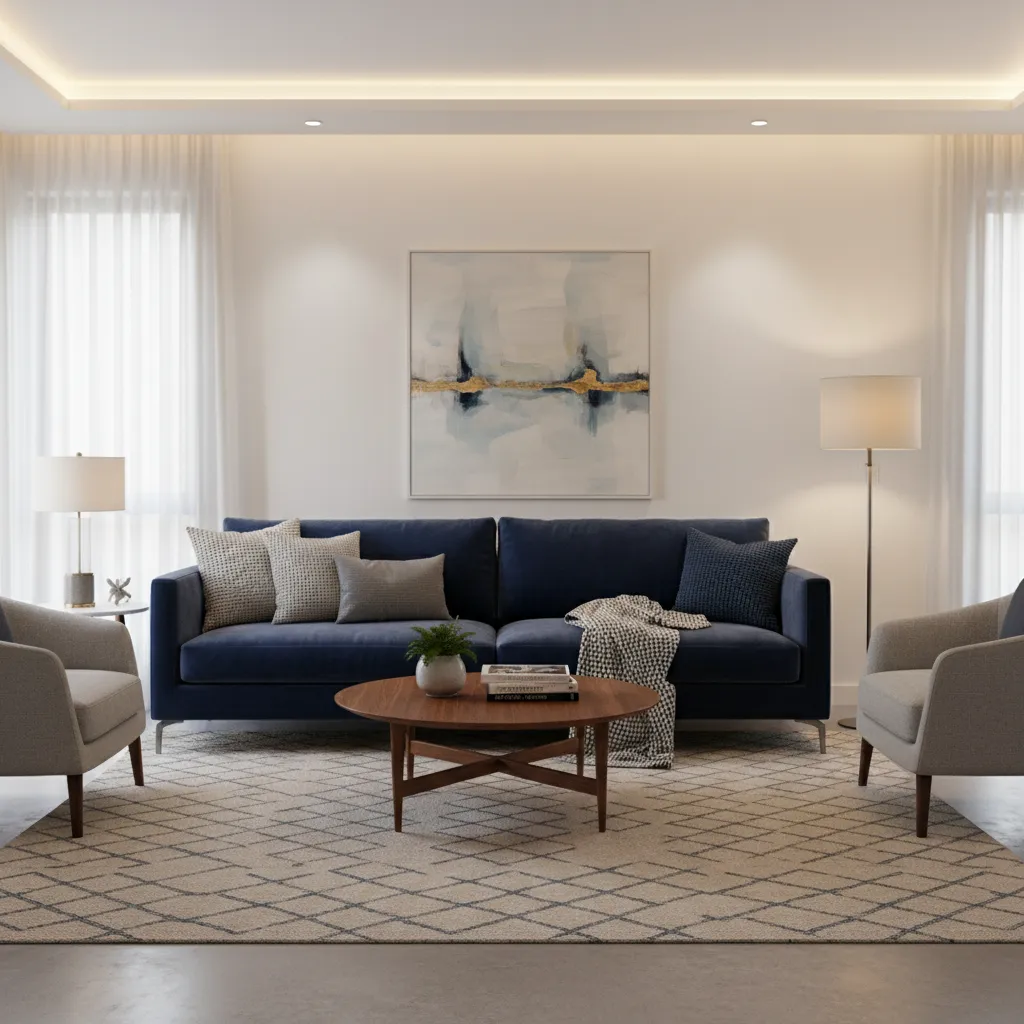 neutral rug tying blue sofa and wood furniture together