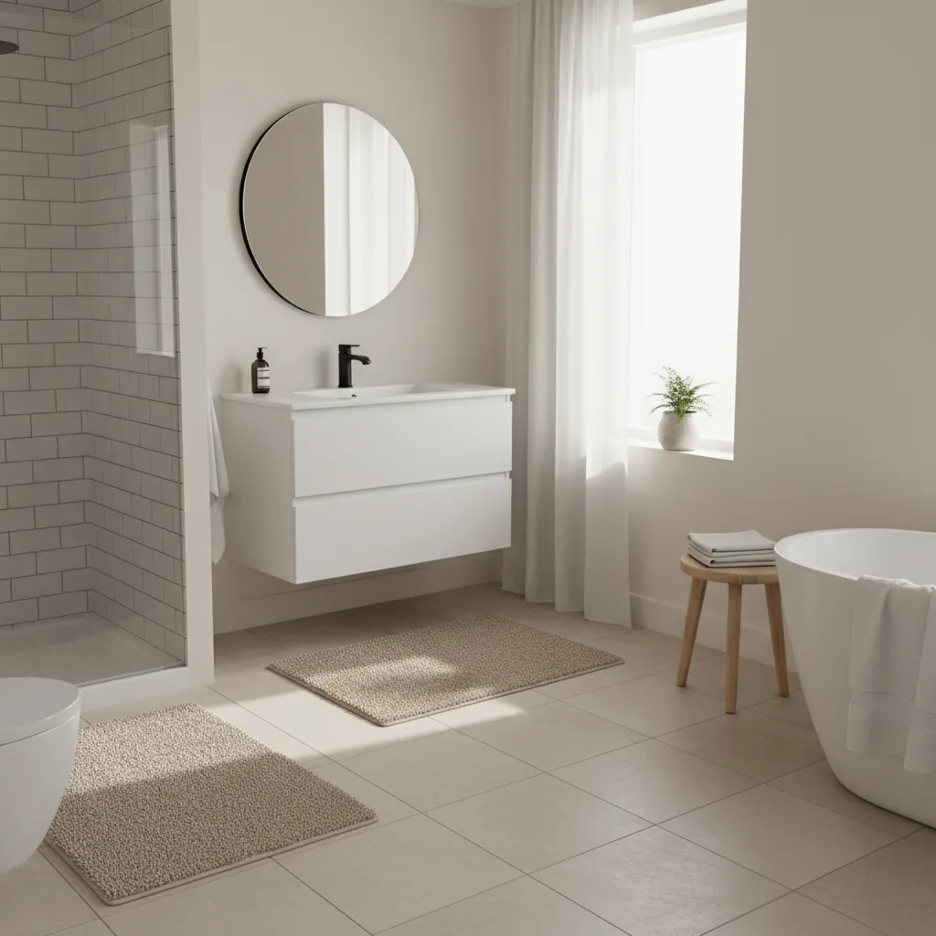 Small bathroom with beige neutral rug making space feel bright