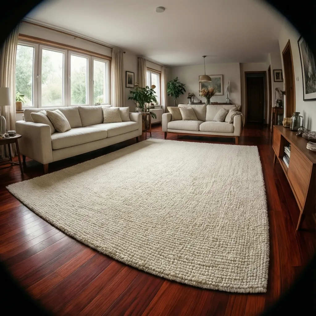 Neutral area rug placed on cherry wood floor balancing red undertones