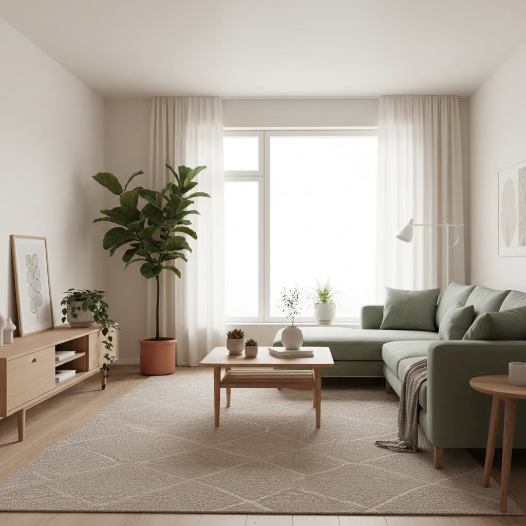 Living room with warm white walls sage green accents and oak furniture